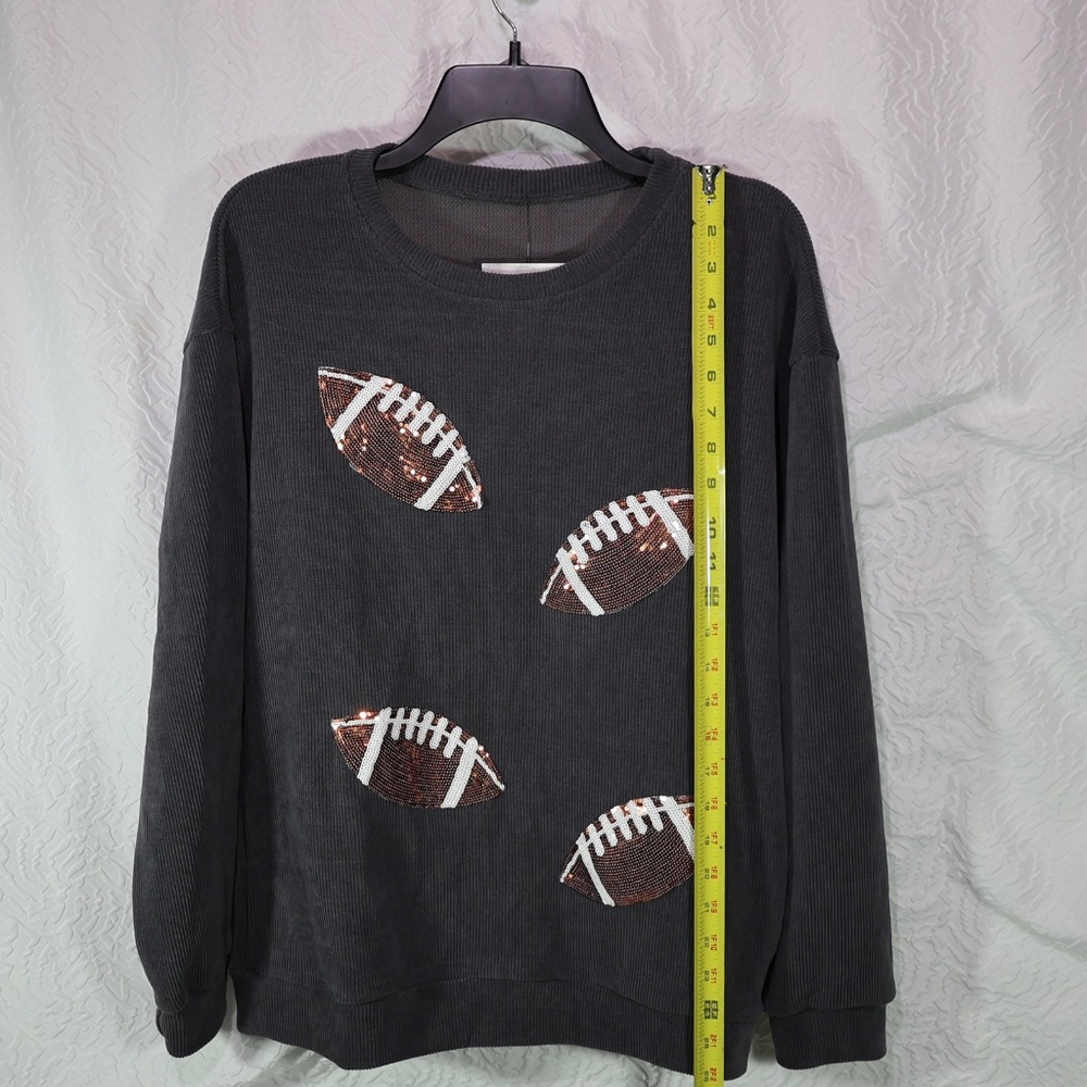 Women 's Oversized Sequin Football Sweatshirt Game Day Long Sleeve M , Graphite - Picture 2 of 8